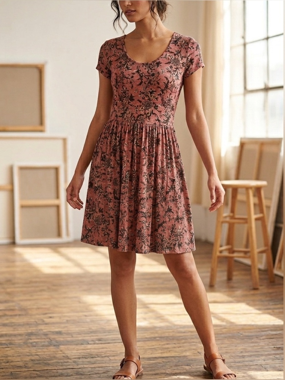 Peruvian Connection Isabel Dress S Pima Cotton Floral Fit Flare Scoop Neck Rose